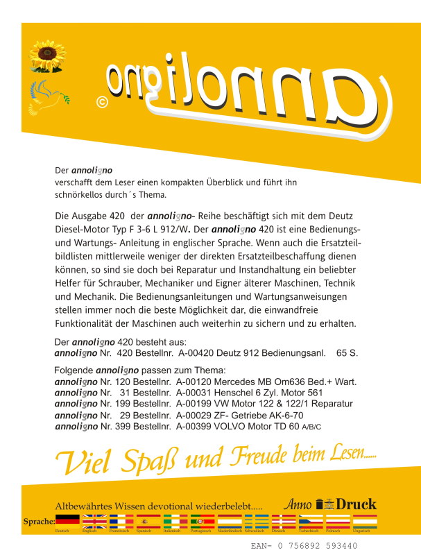 Deutz Diesel Motor Typ F3-6L 912 W Bild- Bedienungsanleitung & Wartungsanleitung ENGLISCH - annoligno 420